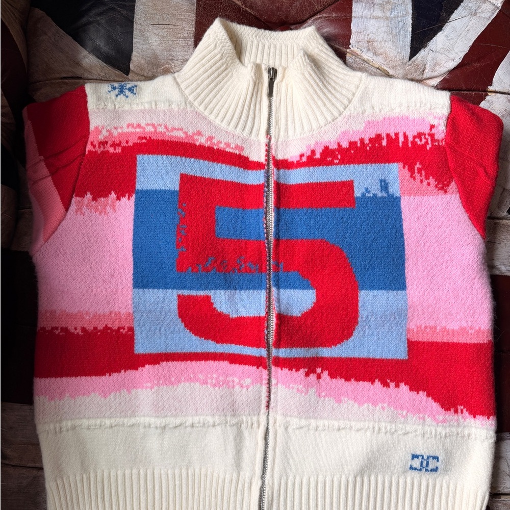 Number 5 Zip-Up Sweater in Cream, Red, Pink & Blue